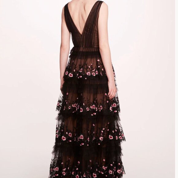 Marchesa Notte Tiered Tulle Terrarium V Neck Gown Black Pink Floral 10 NWT - Picture 4 of 10